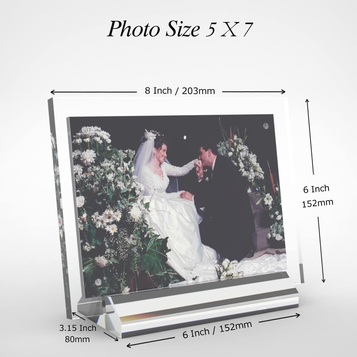 MIRA-K Acrylic Photo Frame 5x7 With Base and Magnetic Closure | Crystal Memories | Double Sided Frameless Lucite Photo Frame for Tabletop