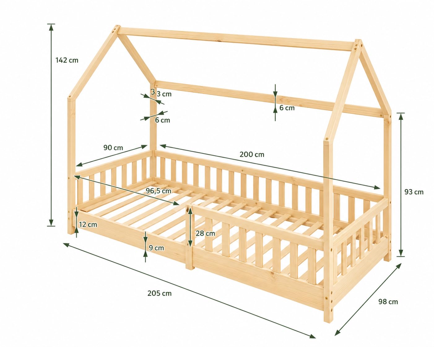 Easy Act Kinderbett Haus aus Massivholz – Bodenbett mit Rausfallschutz & Lattenrost – Hausbett Kinder Holz Bettgestell für Mädchen & Jungen ab 3 Jahre (Natur, 90 x 200 cm, ohne Matratze)