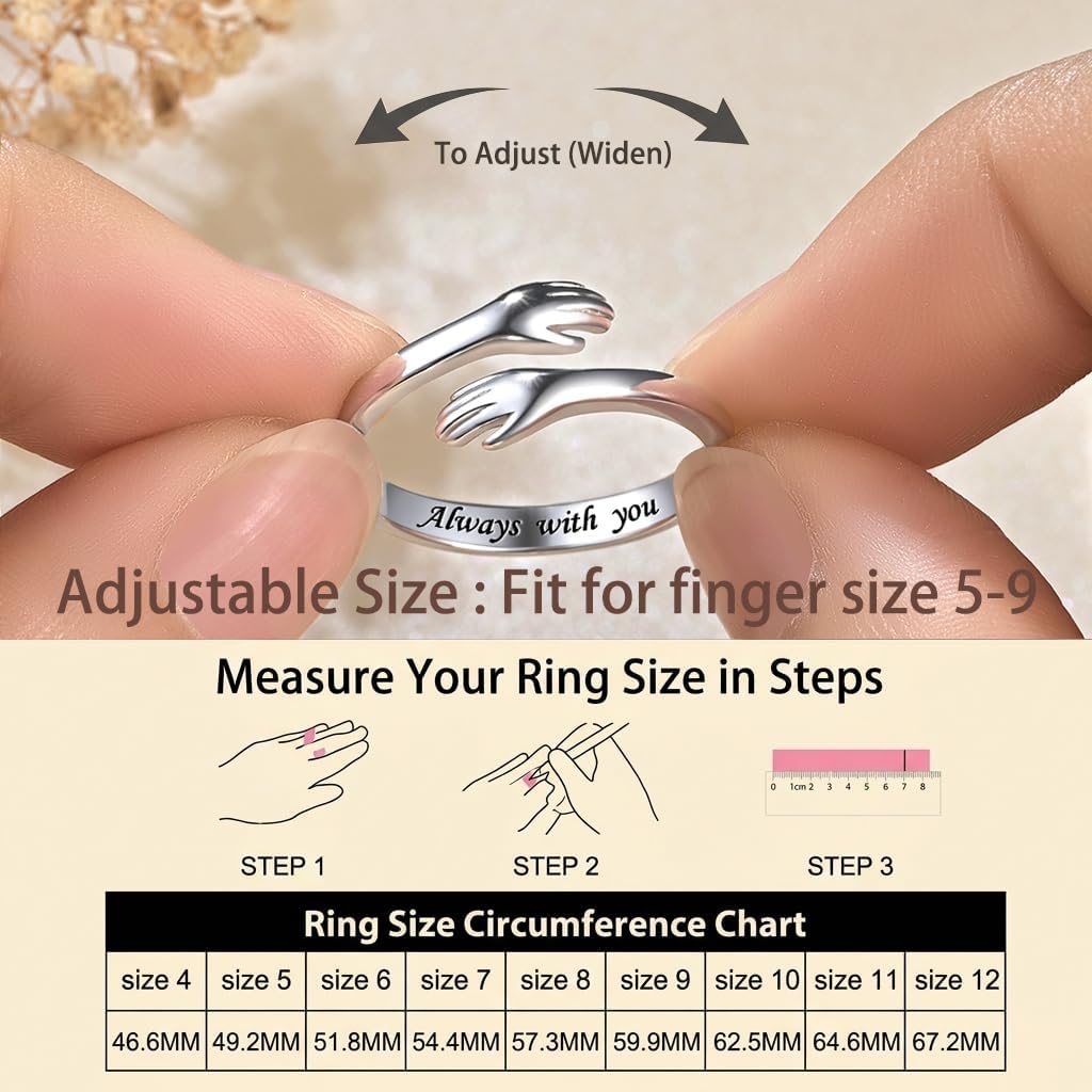 S925 Sterling Silver Hug Rings for Women Teen Girls Adjustable Ring for Granddaughter Daughter Hope Promise Friendship Hand Ring Jewelry for Birthday Graduation Christmas Mothers Day Valentines Gifts
