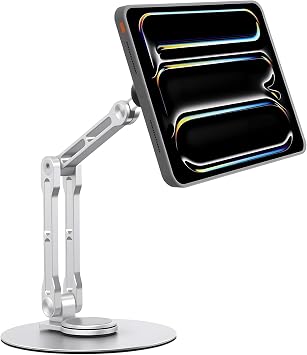 Magnetic iPad Stand for Desk, Foldable Aluminum Alloy Tablet Holder with 360 Adjustable Base | Ergonomic Portable Design for Home Office & Conference Rooms