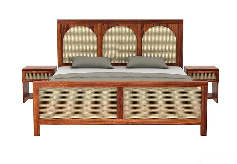 Image of Solid Sheesham Wood Poster King Size Poster Honeymoon Bed Without Storage with Designer Piller and Cane Crafting