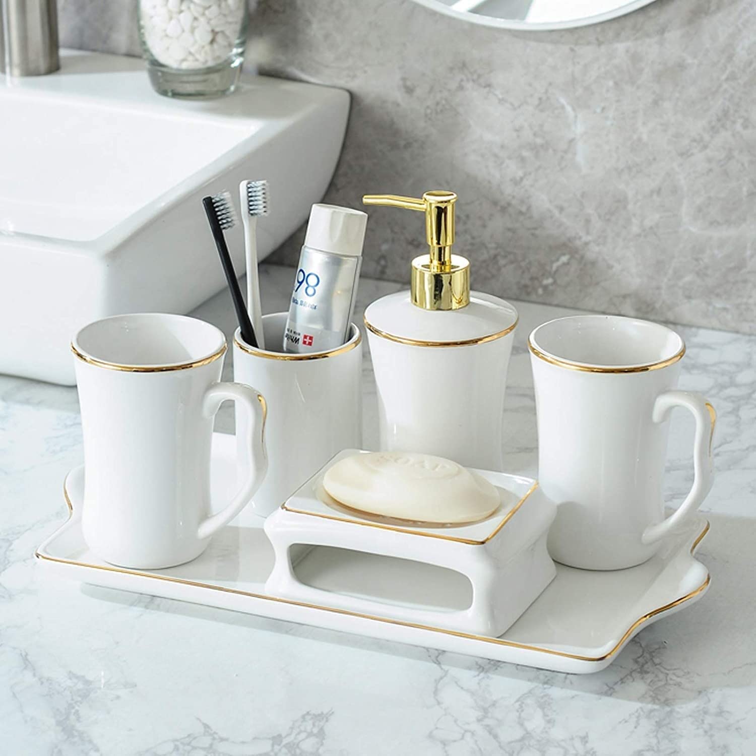 Set de Baño Juego de Accesorios de Baño Juego De Accesorios De Baño, Artículos para El Hogar De Cerámica, Juego De Baño De Estilo Europeo, Adorno De Baño Creativo para Regalo Juego de Baño Accesorios