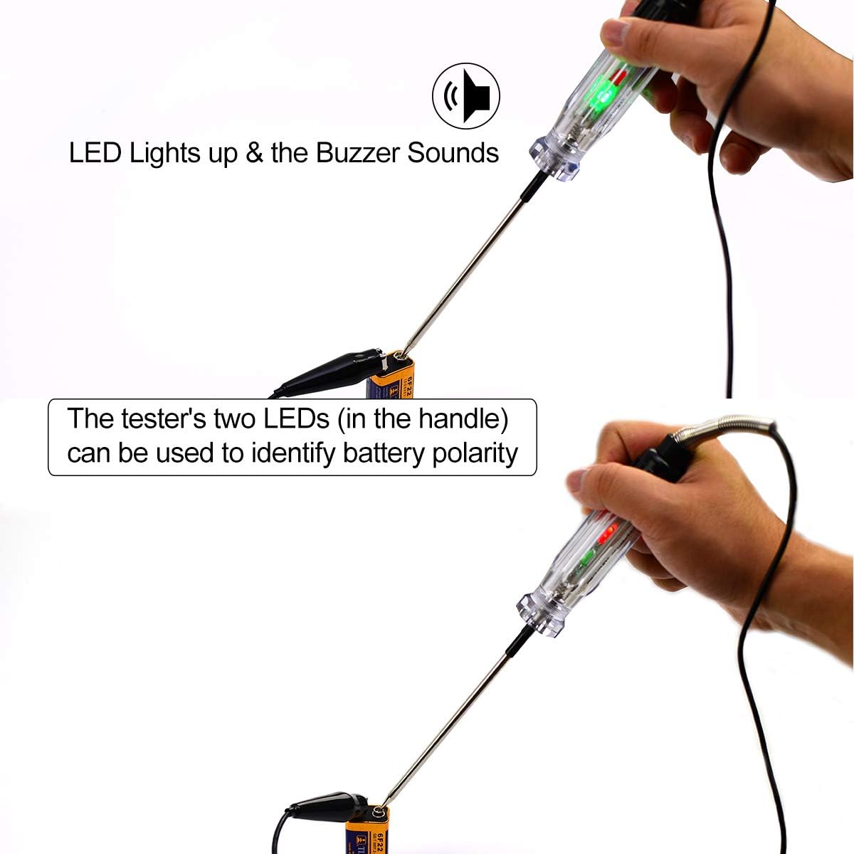 ALLOSUN GK5225 Automotive Wire Piercing DC Voltage Circuit 6V / 12V Hook Probe Tester 59 Inch Cord with LED & Buzzer Indicator, White