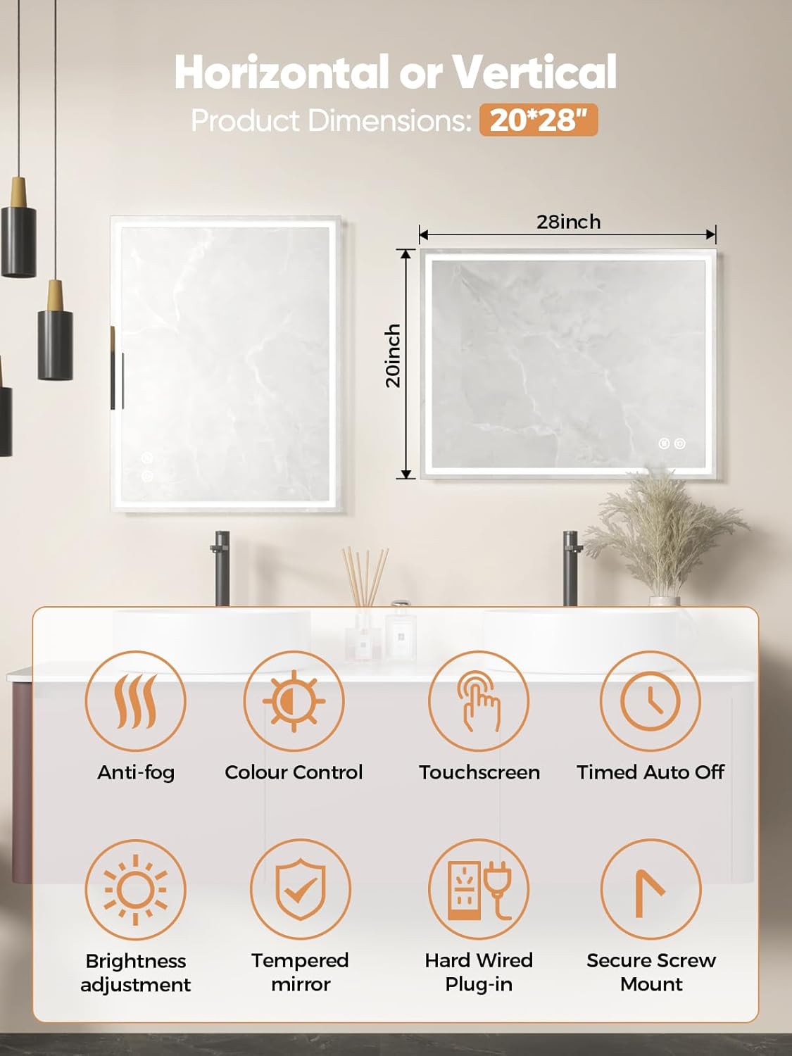 20"x28" LED Bathroom Mirror with Lights, Lighted Vanity Mirror for Bathroom, Dimmable, Anti-Fog, Shatter-Proof Tempered Glass, 3-Color Light, Memory Function, UL Listed