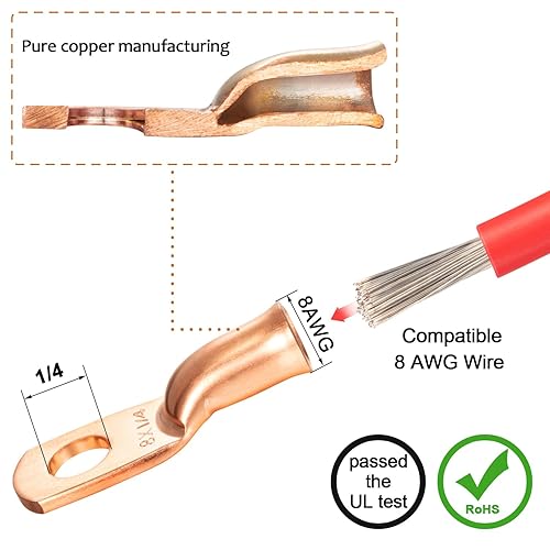 Miniatura 9 de Maxdot Paquete de 10 terminales de cable de cobre UL calibre 8 AWG 8 AWG 38 pulgadas, conector de terminal de cable de batería, terminal de anillo,