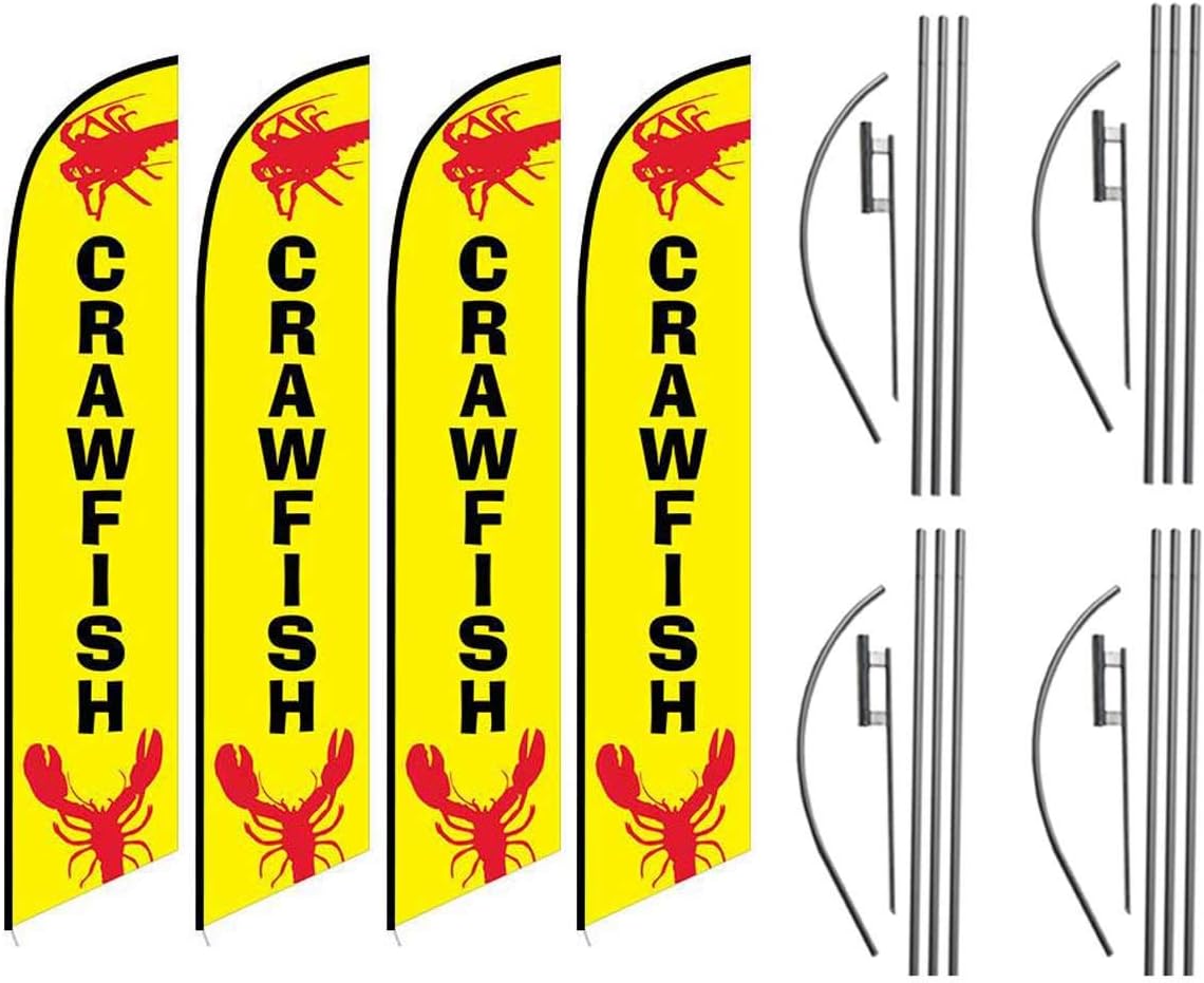 (4) four CRAWFISH 15' Swooper #8 Feather Flags KIT with poles+spikes