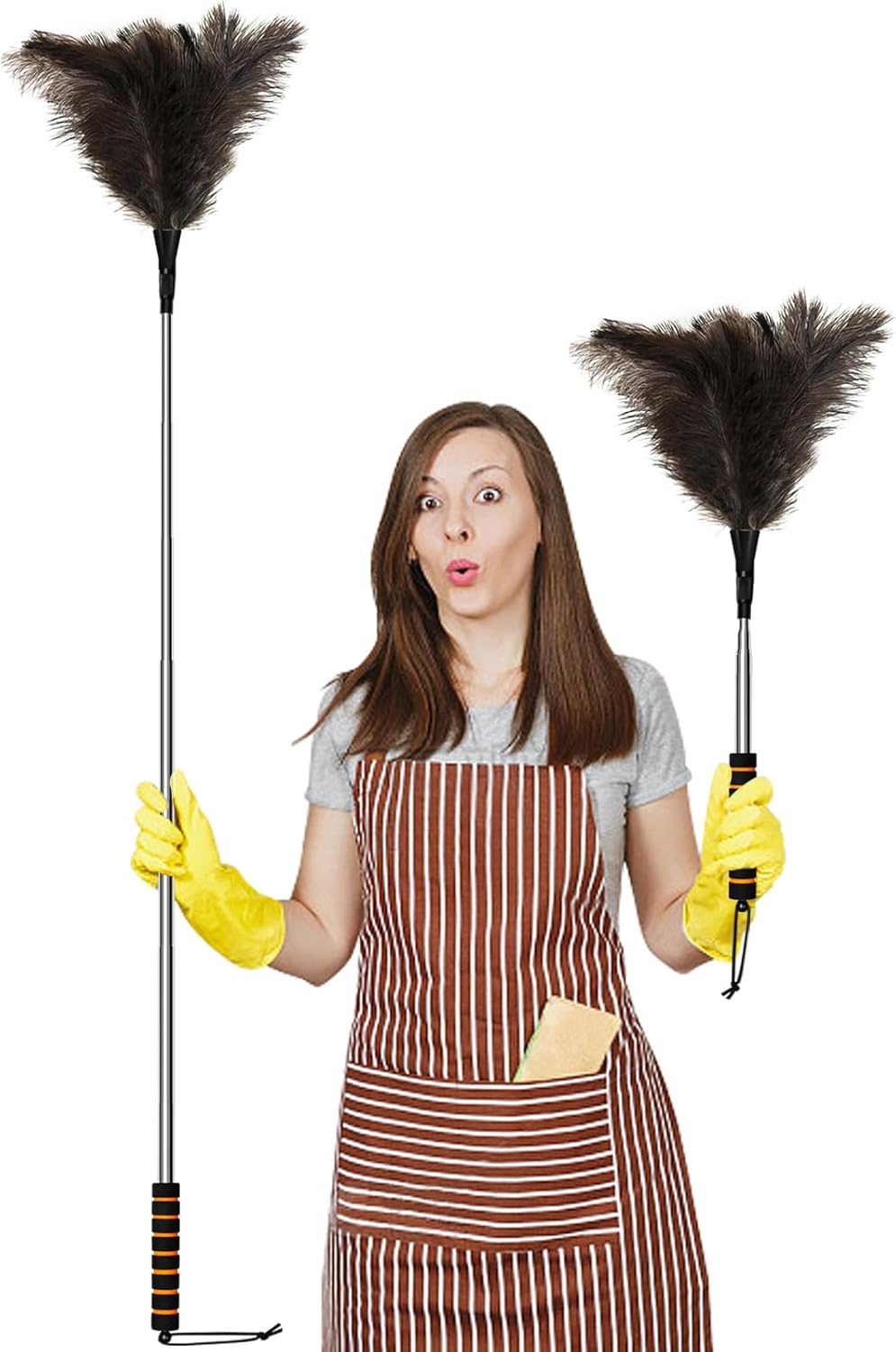 Extendable Ostrich Feather Duster 60 Inches Fluffy Natural Genuine Handheld Feather Duster for Cleaning High Ceiling Pendant Lamp Office Home Furniture Car Supplies