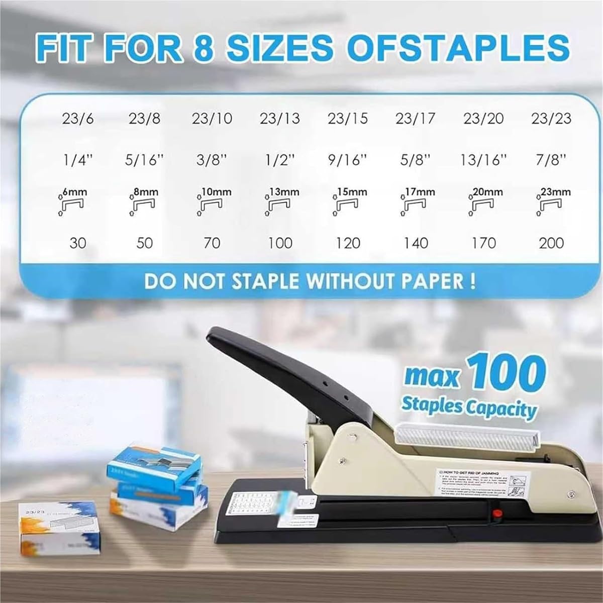 Cucitrice a lunga portata resistente, gamma di pinzatura regolabile 25 cm, capacità 210 fogli, include guida fissa per opuscoli e documenti d'ufficio