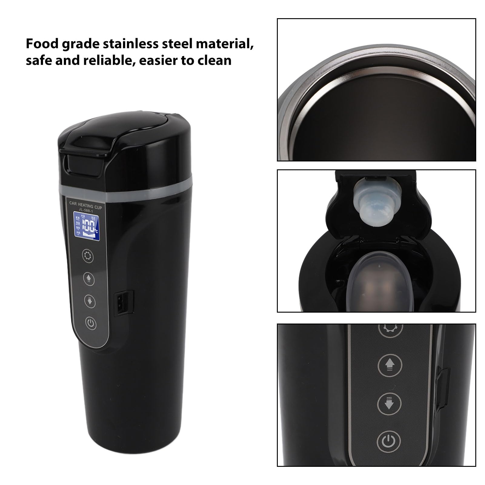 Taza Calefactora para Coche, Hervidor Eléctrico para Coche de 12V, 24V, 96W, 500ml para Uso en Coche (BLACK)