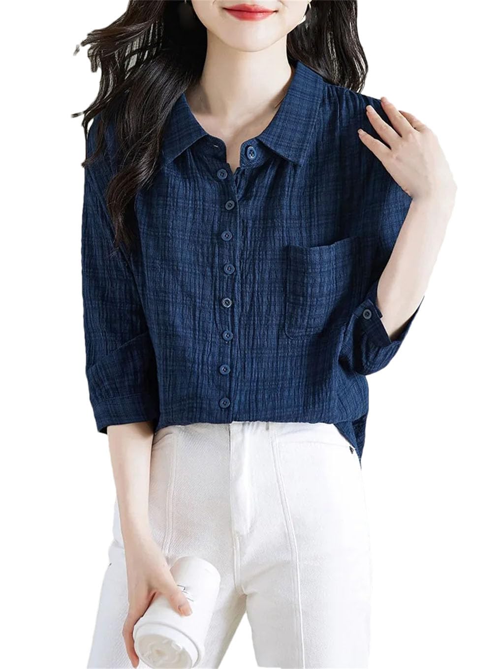 Camisa casual de algodón para mujer, vintage, a cuadros, media manga, holgada, para mujer