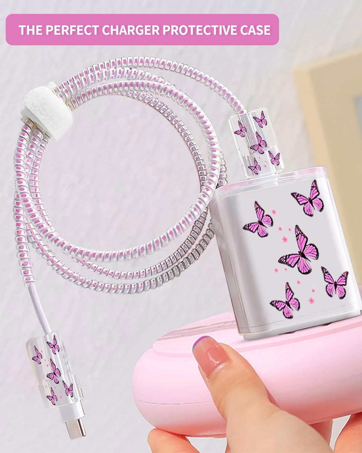 Protezioni a Forma di Fiore, Kits di Cavi Protezioni Compatibile con iPhone, Protettivi per Caricabatterie USB-C per Donne, Antigoccia Impedisce de Cavo Linee Dati, Anti-Rottura da Gatto(Rosa)