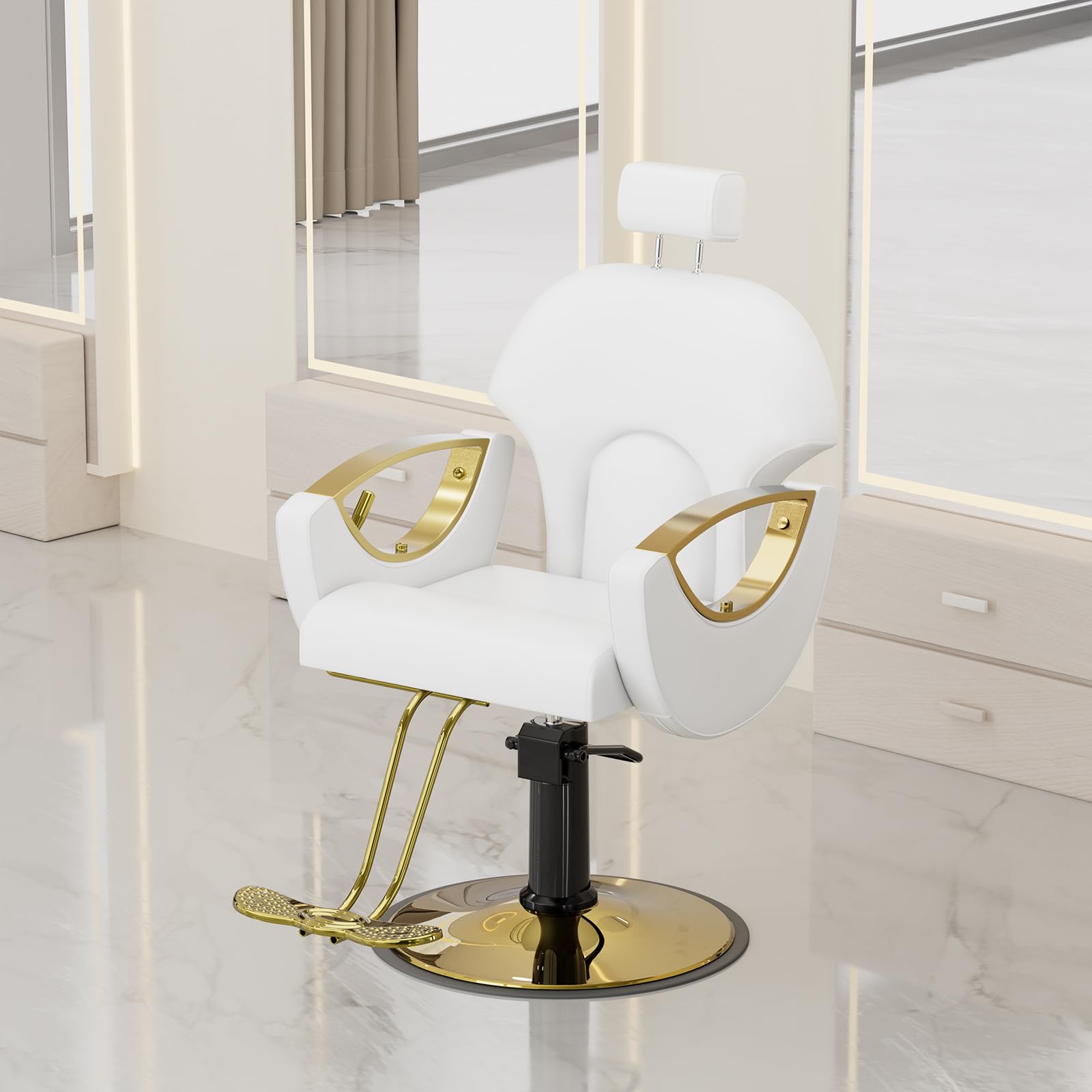 Poltrona da Parrucchiere Idraulica Reclinabile Altezza Regolabile 360° Barber Bianco