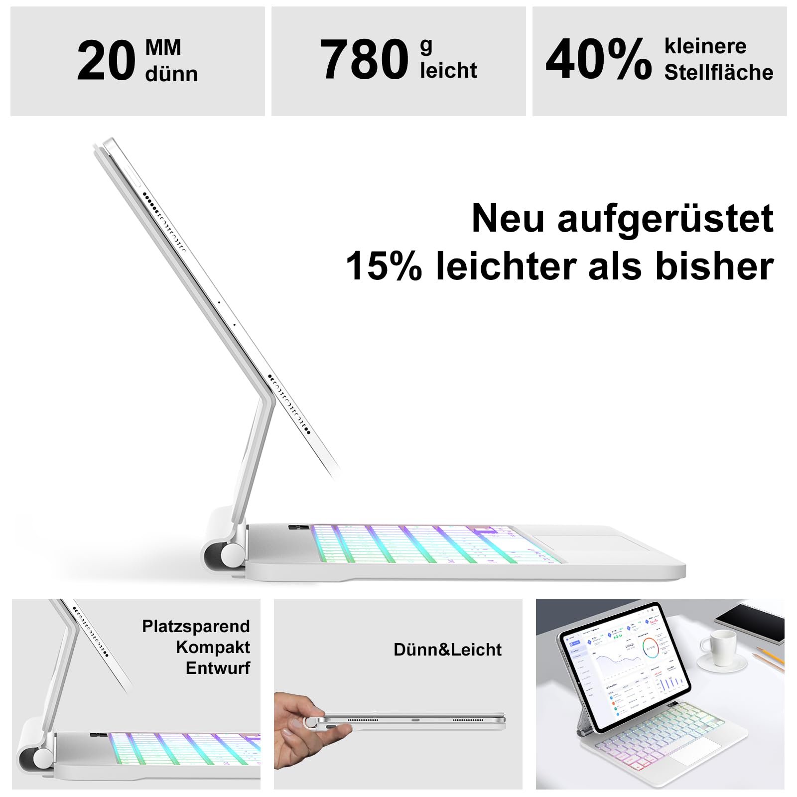 Magic Keyboard für iPad Air 13" M4 2026/M3 2025/M2 2024 & iPad 12.9, Weiß | Freischwebendes Stand Design, 7-Farbige Beleuchtung mit Trackpad Hülle mit Tastatur für iPad Air 13/iPad Pro 12.9"