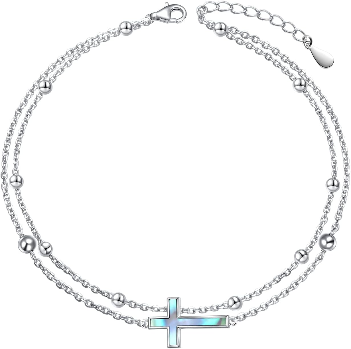 S925 Sterling Silver Elegant Foot Chain Beads Charm Boho Beach Double Layer Anklets Bracelet for Women Teenager Girls Adjustable 9 to 10.5 inches