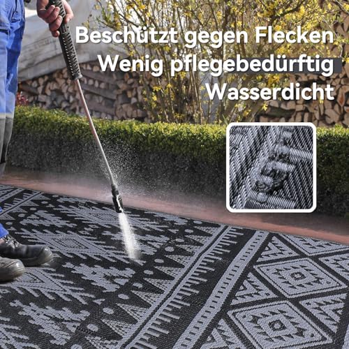 Homaxy Outdoor Teppich Wetterfest, Kunststoff Stroh Faltbar Waschbar UV-beständig Wendbar Balkon Garten Teppich für Terrasse Camping Picknick (120 x 180 cm, Schwarz & Grau)