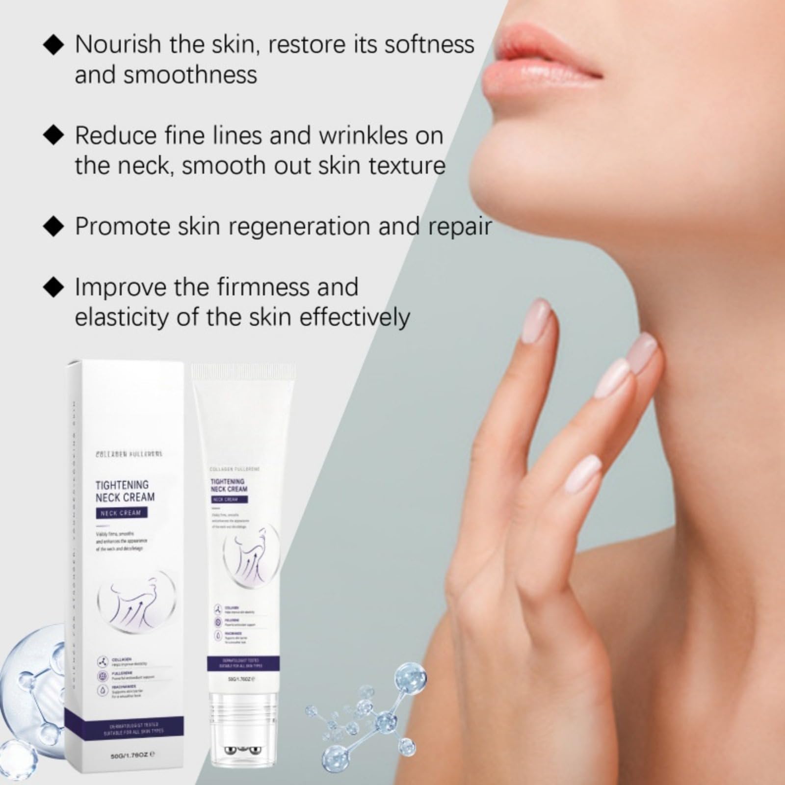 Magic Collagen Fullerene Neck Creams, Tighten and Lift Firming Neck Cream for Crepey Skin, Crema al collagene per il collo con, Creme Liftante Collo & Decollete Roll-On, Riduce le rughe
