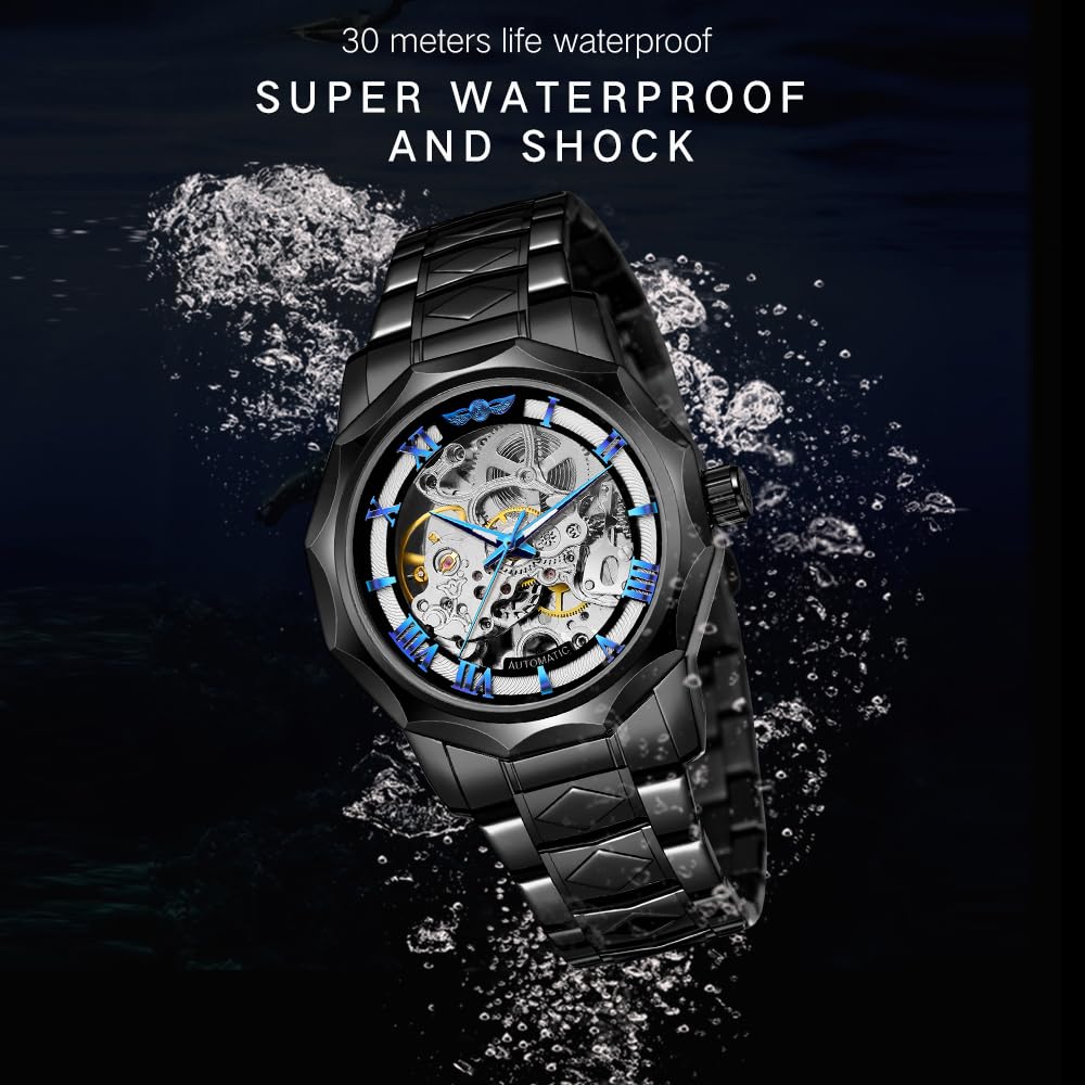 Tiong Relojes automáticos de moda, reloj de pulsera mecánico dorado para hombre, relojes de esqueleto con esfera transparente de acero inoxidable, TW1239-negro, Mecánico