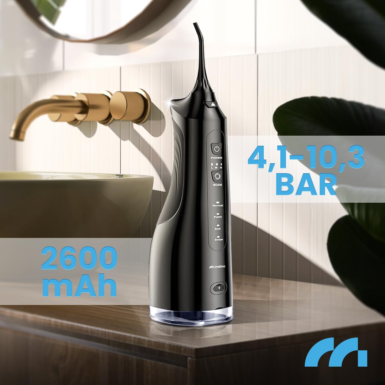 MalTec Irrigador dental eléctrico Toothie X60 150PSI batería 2600 mAh 4 modos de funcionamiento inalámbrico negro bolsa de viaje