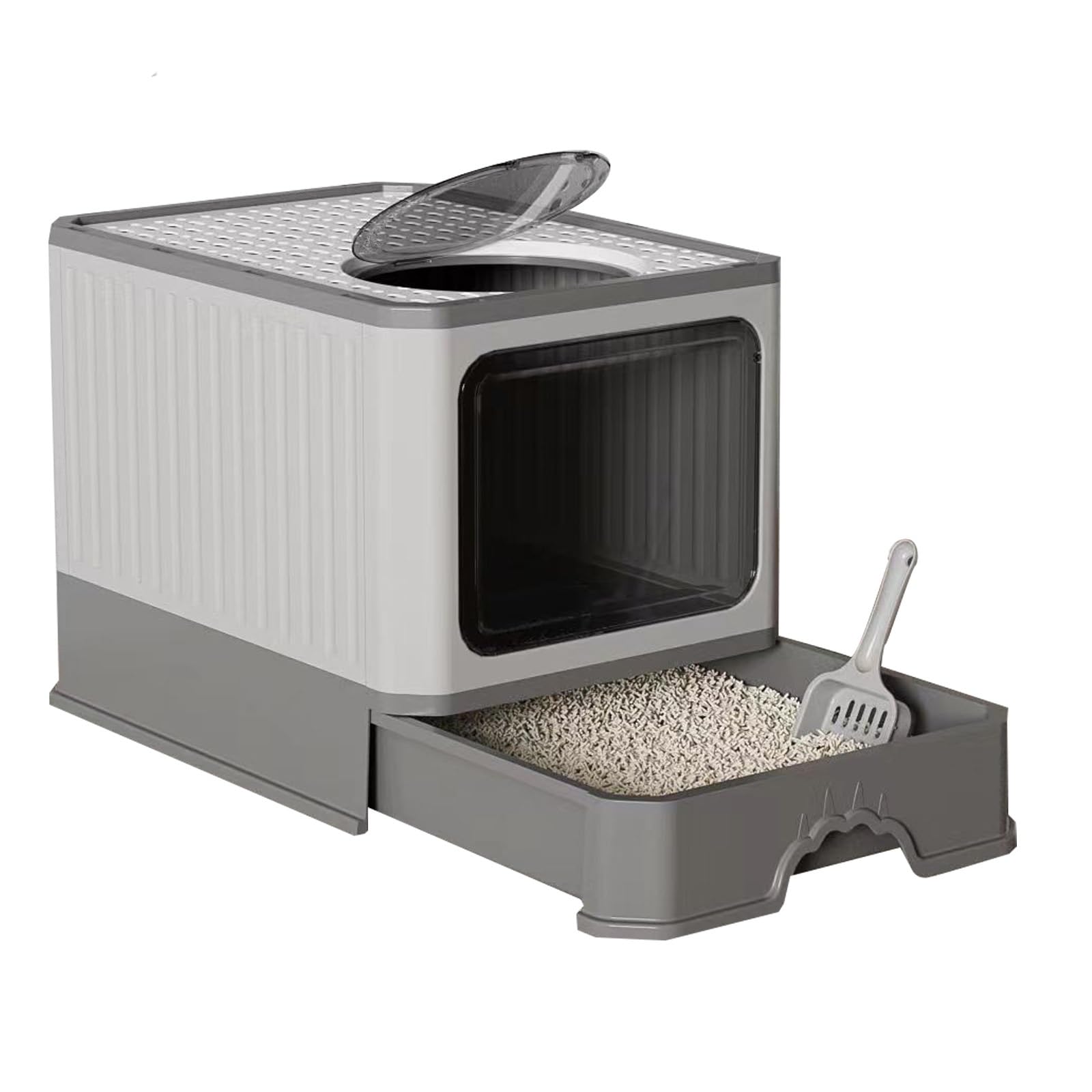 Arenero Doméstico para Gatos, Cerrado, con Cajón Y Pala para Arena, Bandeja De Entrada Superior para Gatitos, Conejos Y Cobayas.(Gray)