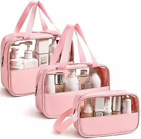 Kit Necessaire 3 em 1 Bolsa de Viagem para Maquiagem e Higiene Pessoal Unissex Washbag Transparente – Grande Capacidade Organizador em PVC Impermeável Ideal para Academia, Mala, Mala de Mão (Rosa)
