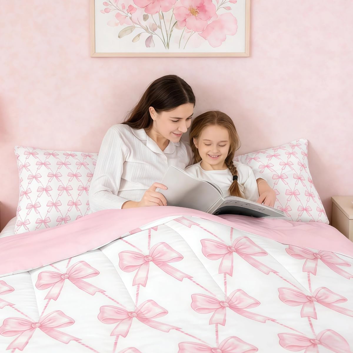 Feelyou Pink Bow Bedding Set Full Size Pink Girls Bow Comforter Set for Kids Women Ultra Soft Cute Bowknot Comforter Kawaii Princess Room Decor Bow and Stripes Quilt, 2 Pillowcase