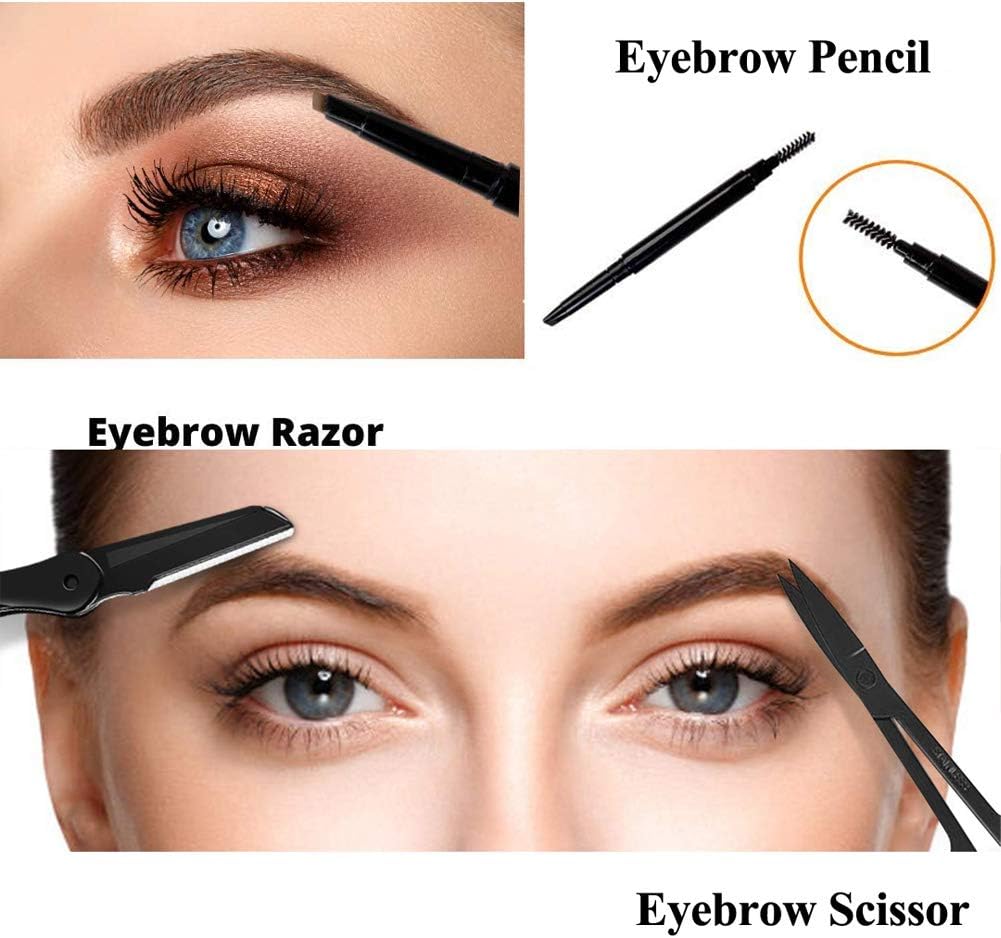 9 PC Eyebrow Kit for Women With Travel Case, Eyebrow Razor, Tweezers, Scissors, Eyebrow Comb and Brush, Brown Eyebrow Pen,Eyebrow Stickers