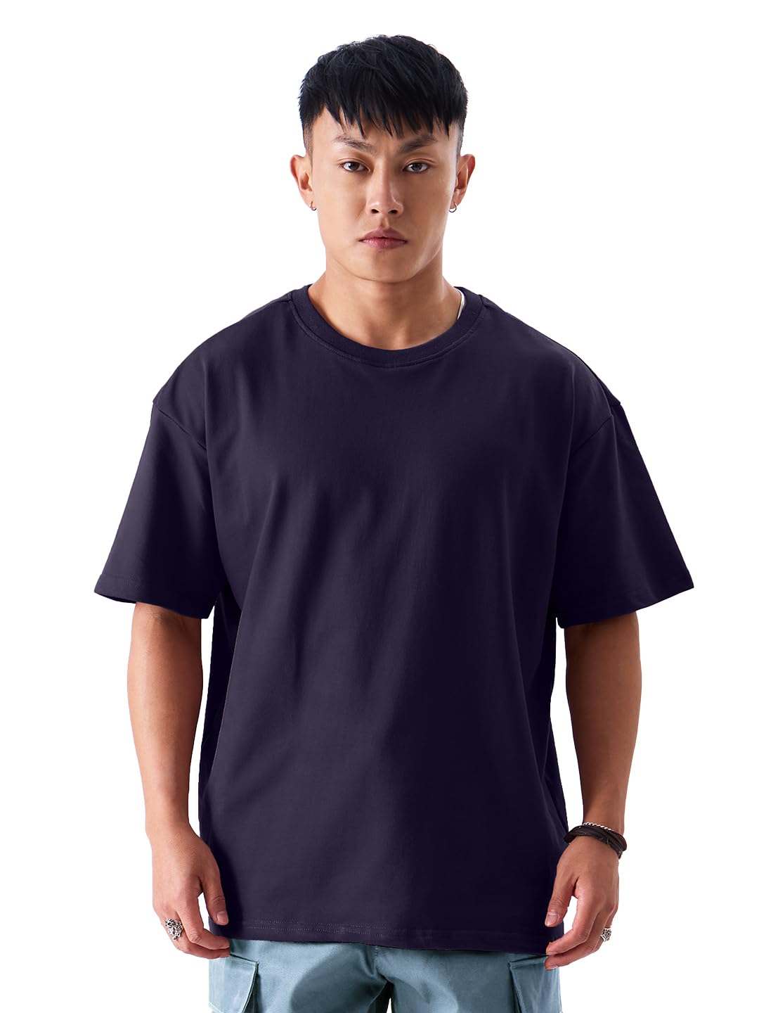 The Souled StoreSolids: Berry Mens and Boys Oversized fit Half Sleeve Cotton Dark Blue Color Oversized T-Shirts (214104_L_Dark Blue) Oversized T-Shirts Fashionable Trendy Graphic Prints Pop Culture