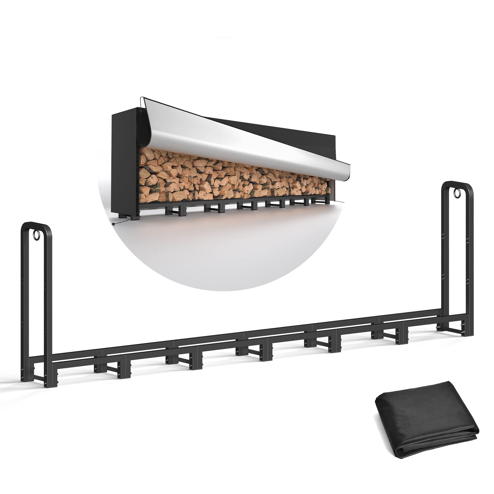 SunyesYo Firewood Rack Outdoor 8ft with Waterproof Cover - Heavy Duty Log Rack Indoor Holder, Upgraded Adjustable Fire Wood Racks, Storage Organizer Stand Tool for Fireplace, Black