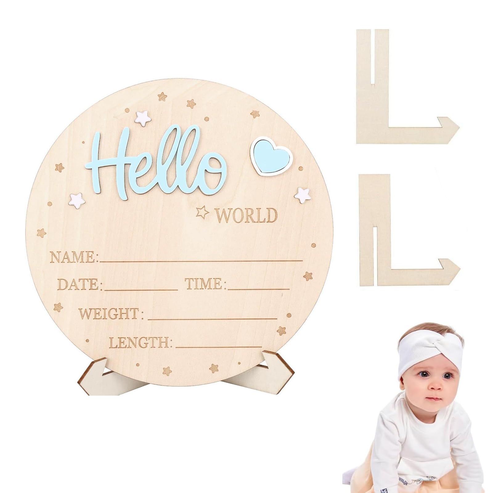 Plaque Annonce Bébé « Bonjour Monde » en Bois Bleu, Carte du Monde pour Pronostic de Naissance, Accessoire Décoration Chambre Bébé pour Baby Shower ou Naissance à l’Hôpital