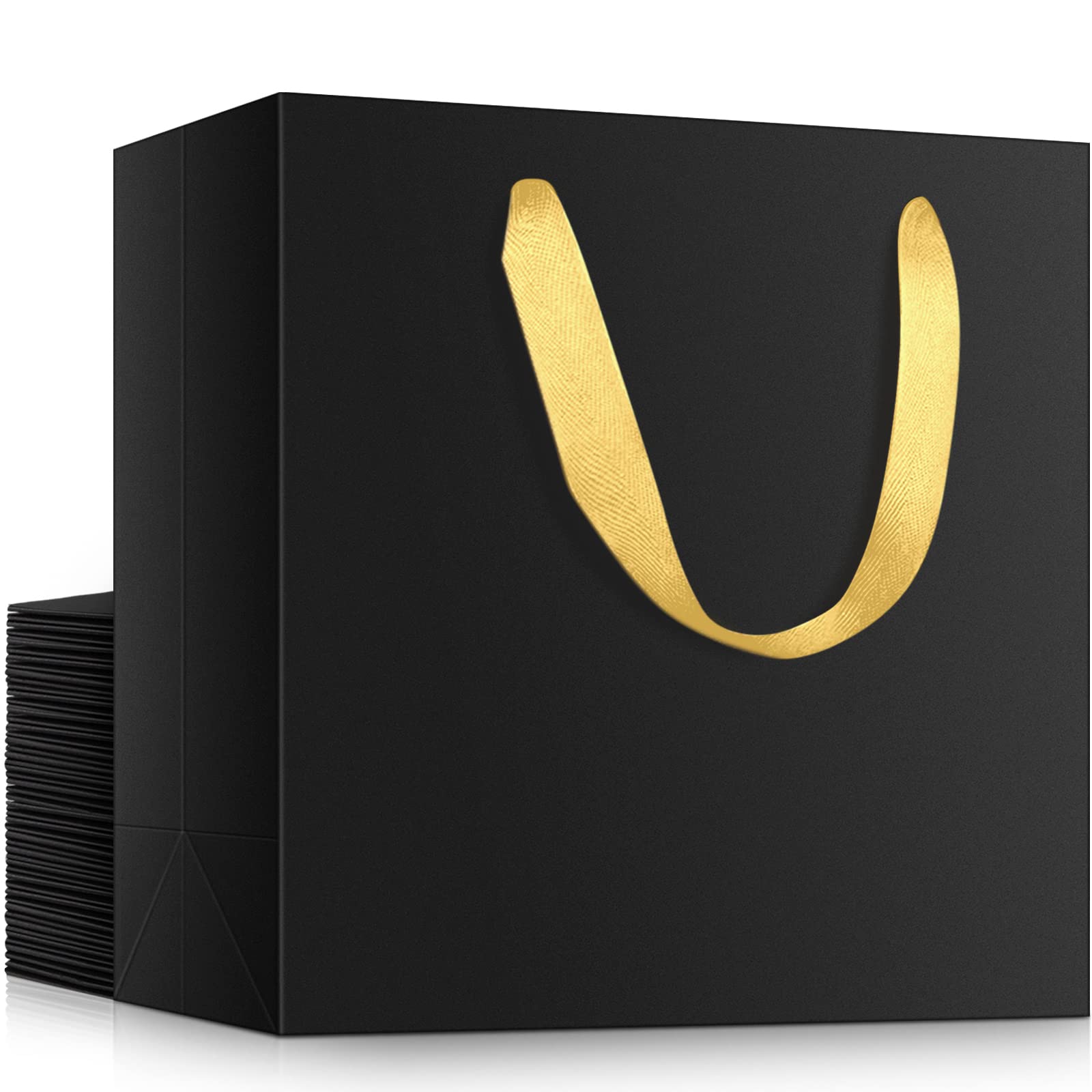 EUSOAR Large Black Golden Handles Shopping Bags, 25 Pack 12.5x4.5x11 inches Gift Wrap Bags Handles Bulk, Merchandise Retail Wrapping Bags for Business, Craft Grocery, Wedding