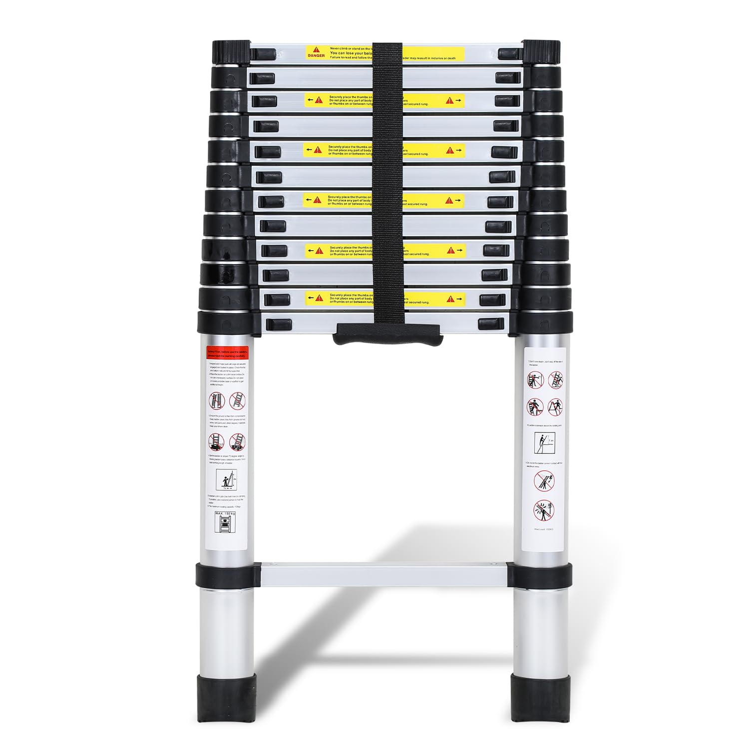 Fiqops Échelle télescopique en Aluminium 3,8 m - Antidérapante - Multifonction - Extensible - Charge maximale 150 kg