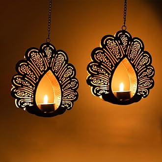 Ekhasa Hanging Tealight Candle Holder for Home Decor | Perfect Candle Holder for Wall Hanging Decor | Indoor & Outdoor, Festival Decorative Candles Gift Items (Set of 2) (Black Peacock)