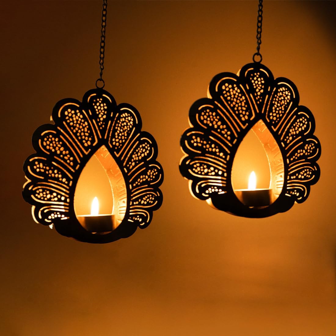 Hanging Tealight Candle Holder for Home Decor | Perfect Candle Holder for Wall Hanging Decor | Indoor & Outdoor, Festival Decorative Candles Gift Items (Set of 2) (Black Peacock)