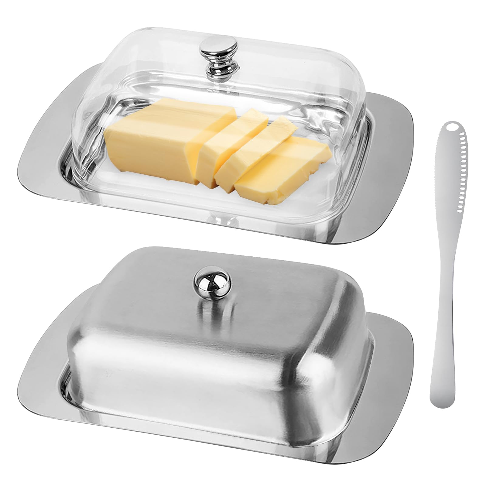 2 Stück Butterdose Edelstahl, Butterdose mit Deckel Transparente, Butterdosen mit Buttermesser, Butterglocke Dessertschale Käsebrotbox Butterbehälter
