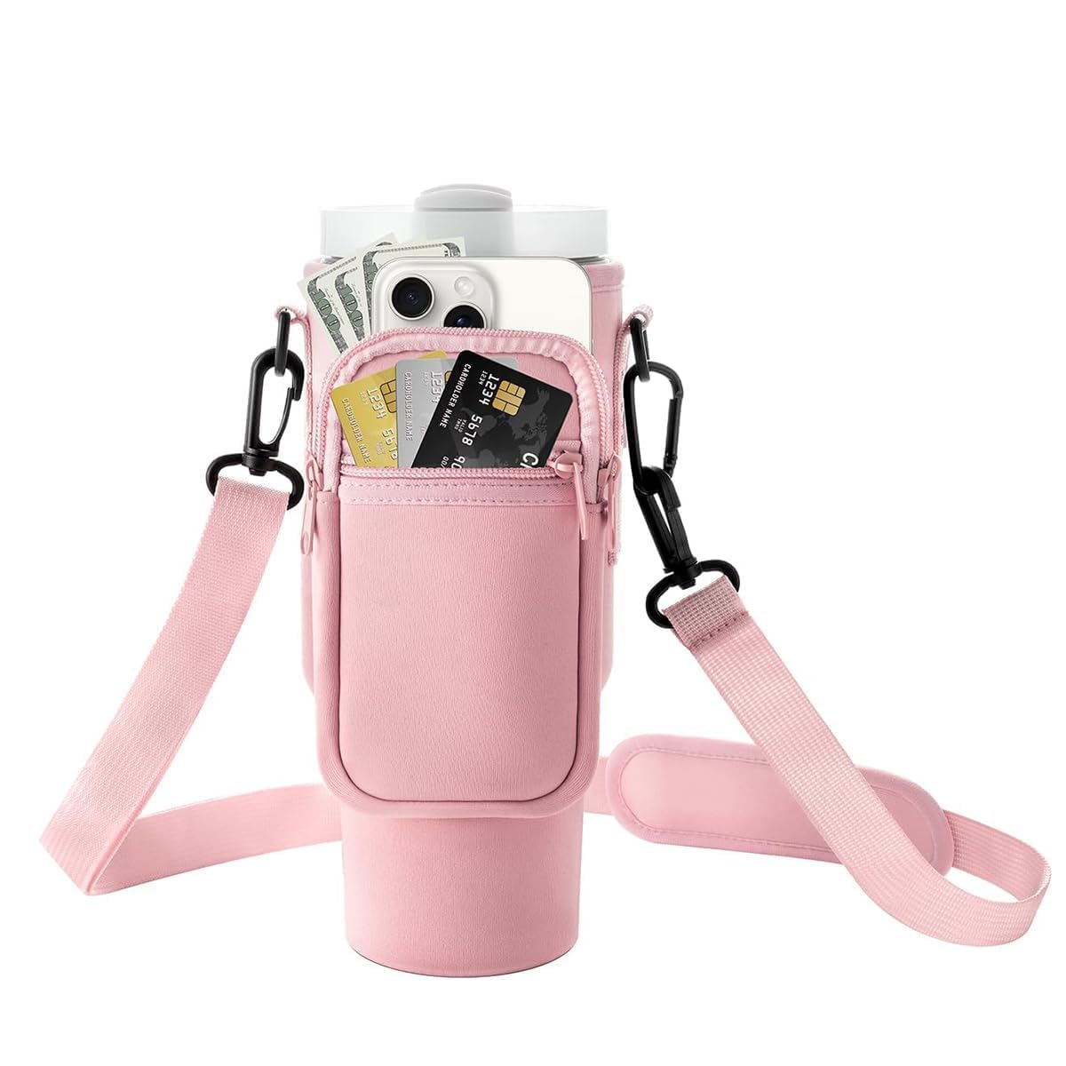 MEZON Water Bottle Carrier Bag with Phone Pocket for Stanley 40 oz Tumbler with Handle, Insulated Neoprene Cup Holder Pouch with Adjustable Strap for Quencher H2.0 Stanley Cup Accessories (Pink)-image-10