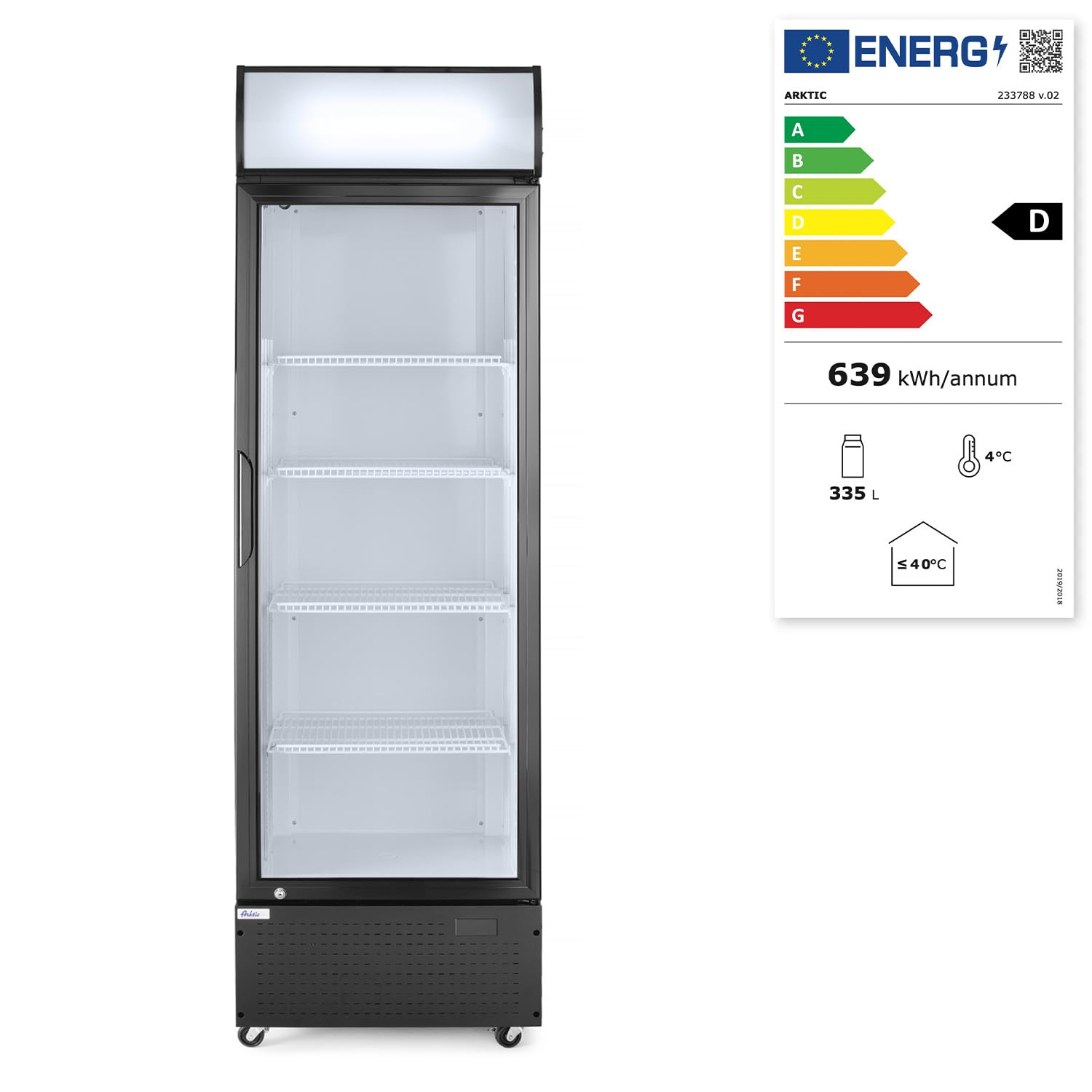 HENDI Frigorifero pubblicitario Arktic per bevande, armadio refrigerato verticale con pannello retroilluminato, 1 porta, 254L, 0–10°C, 220V, 250W, 578x605x(H)1980mm, acciaio verniciato a polvere nero
