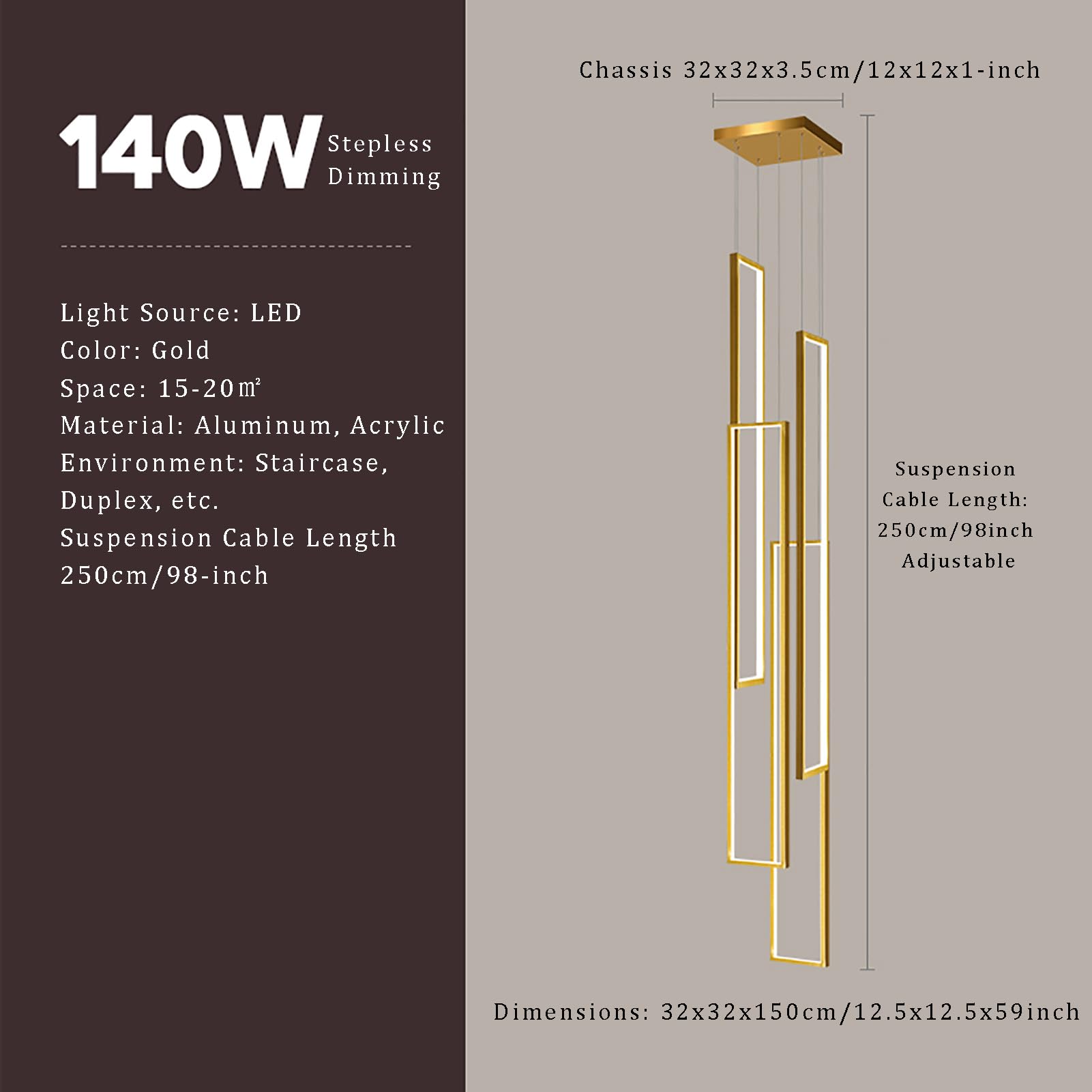 Duża prostokątna lampa wisząca LED do wysokich sufitów, 150 cm (59 cali) 3-świetlna lampa wisząca na schody, hale hotelowe i wille - nowoczesny czarny żyrandol (Nero