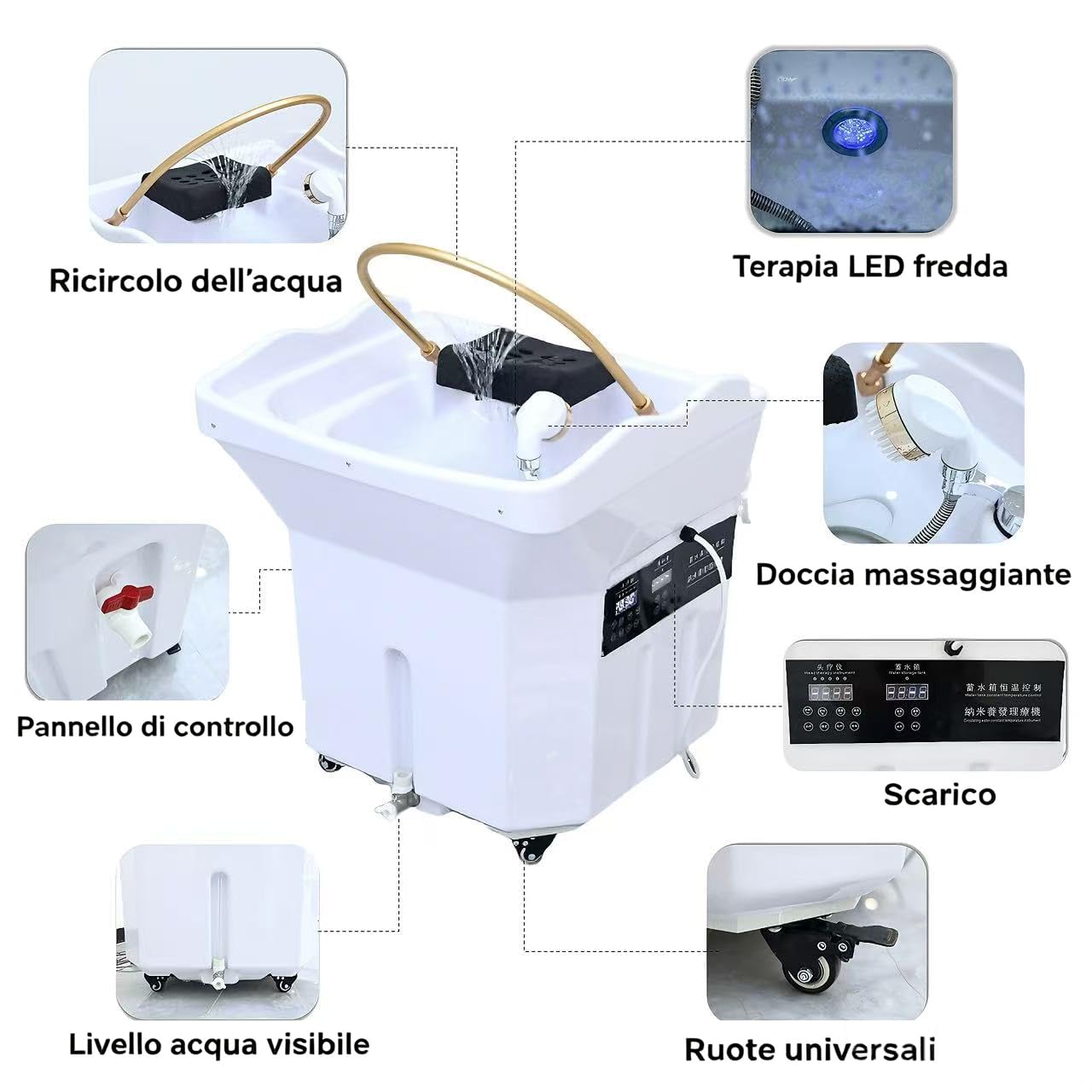 Attrezzatura Per Head Spa, Lavatesta Smontabile Con Ricircolo Acqua, Serbatoio 60L, Nebulizzatore E Cappuccio Vapore, 4 Ruote Orientabili, Per Persone Allettate E Saloni Parrucchieri (Bianco)