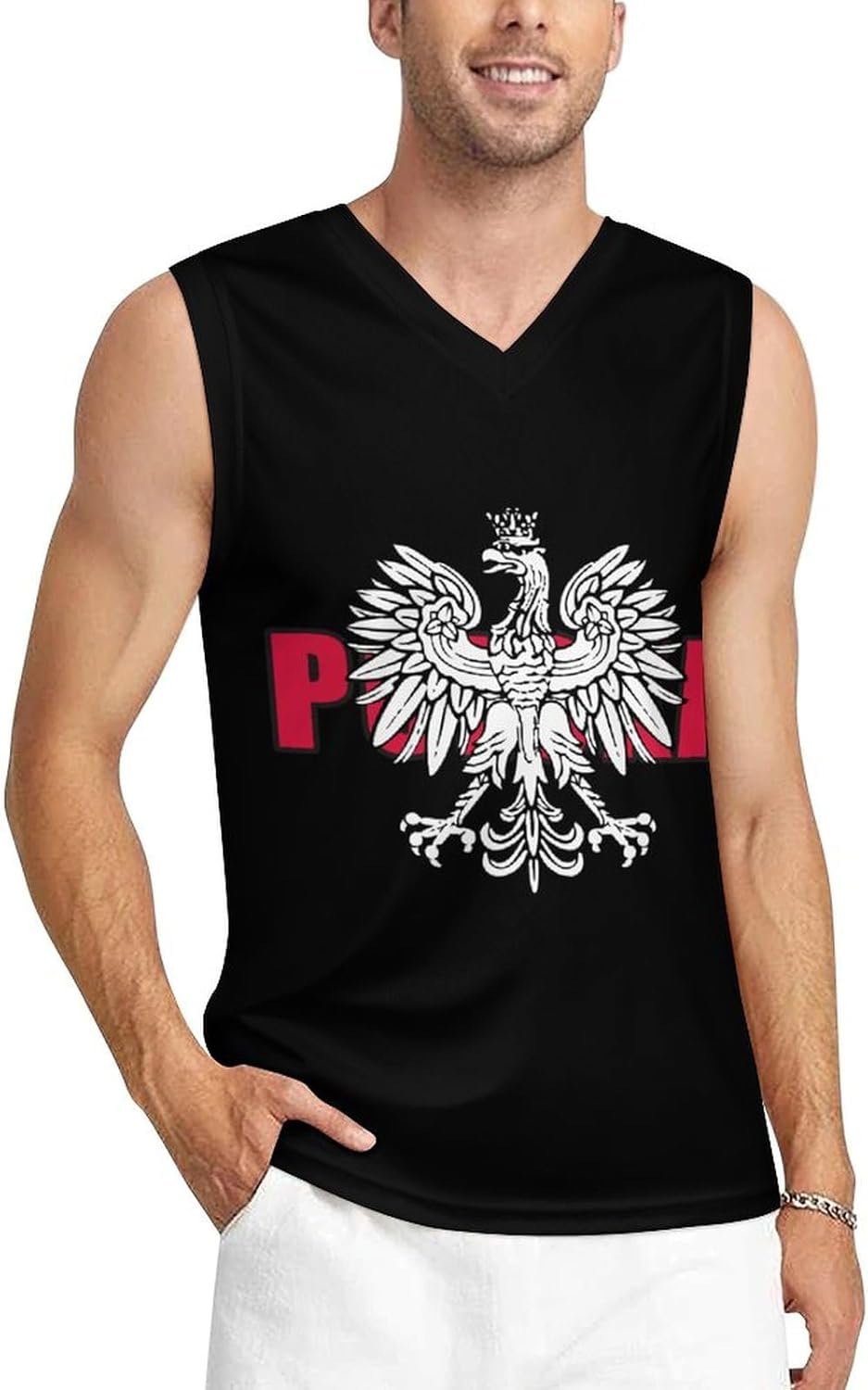 Polska Poland Polish Ea-gles Men's V-Neck Basketball Tank Top Sleeveless Workout Tank Shirts Gym Fitness Tees Vest