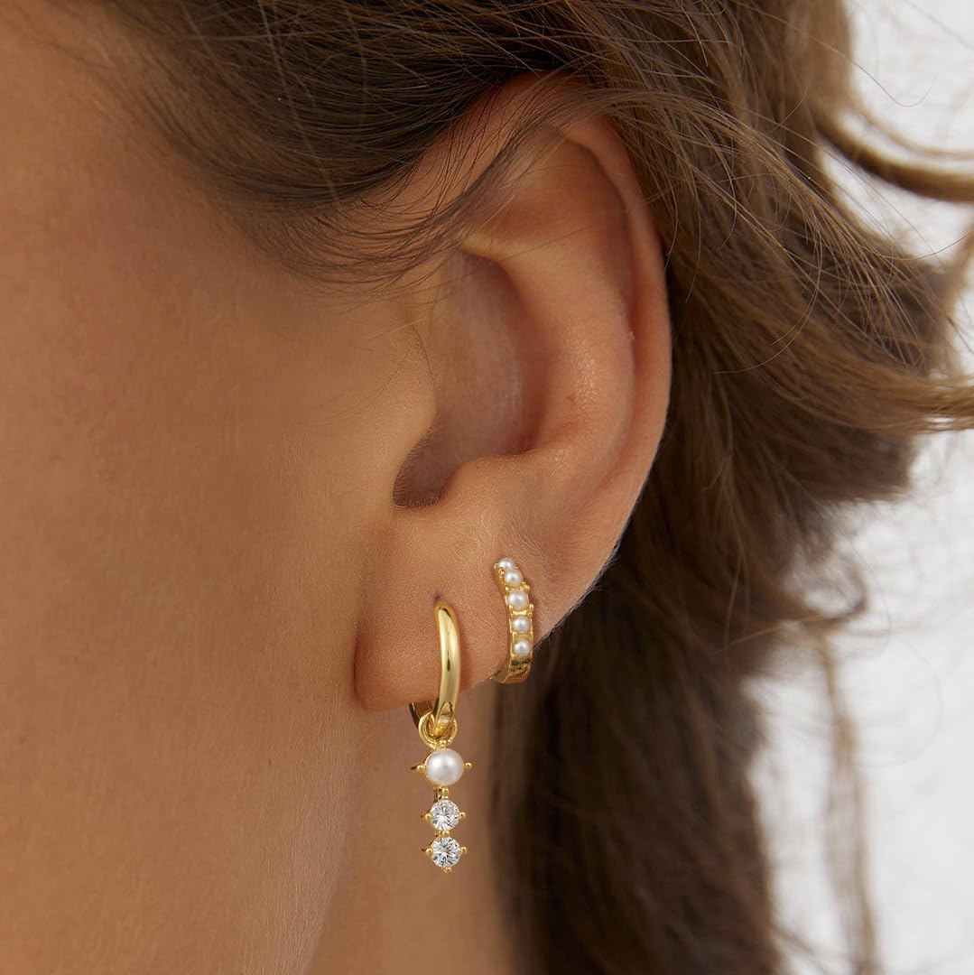 Gold Hoop Earrings for Women,Chunky 14k Gold Plated Trendy Cz Pearl Dangle Huggie Earring Stacks Set Clover Cherry Stud Dainty Twisted Wave Ear Cuff Jewelry Valentines Day Gifts for Her - Image 2