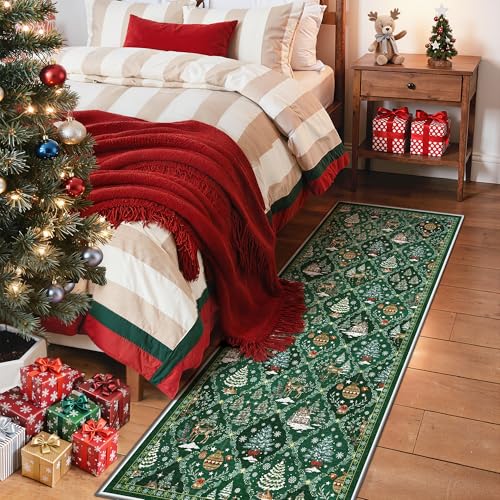 Madane Christmas Hallway Runner Rug - 2x5 Washable Green Runner Rugs Non-Slip Low-Pile Kitchen Xmas Holiday Decor Laundry Room Rug Throw Carpet for Entrance Bedroom Living Room