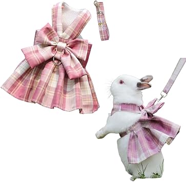 Rabbit Harness and Leash for Walking Escape Proof - Cute Skirt Mesh Breathable Bunny Vest Harness Outdoor Camping Hiking Training - Also Suit for Ferret Kittn Puppy Small Animals Large,Pink