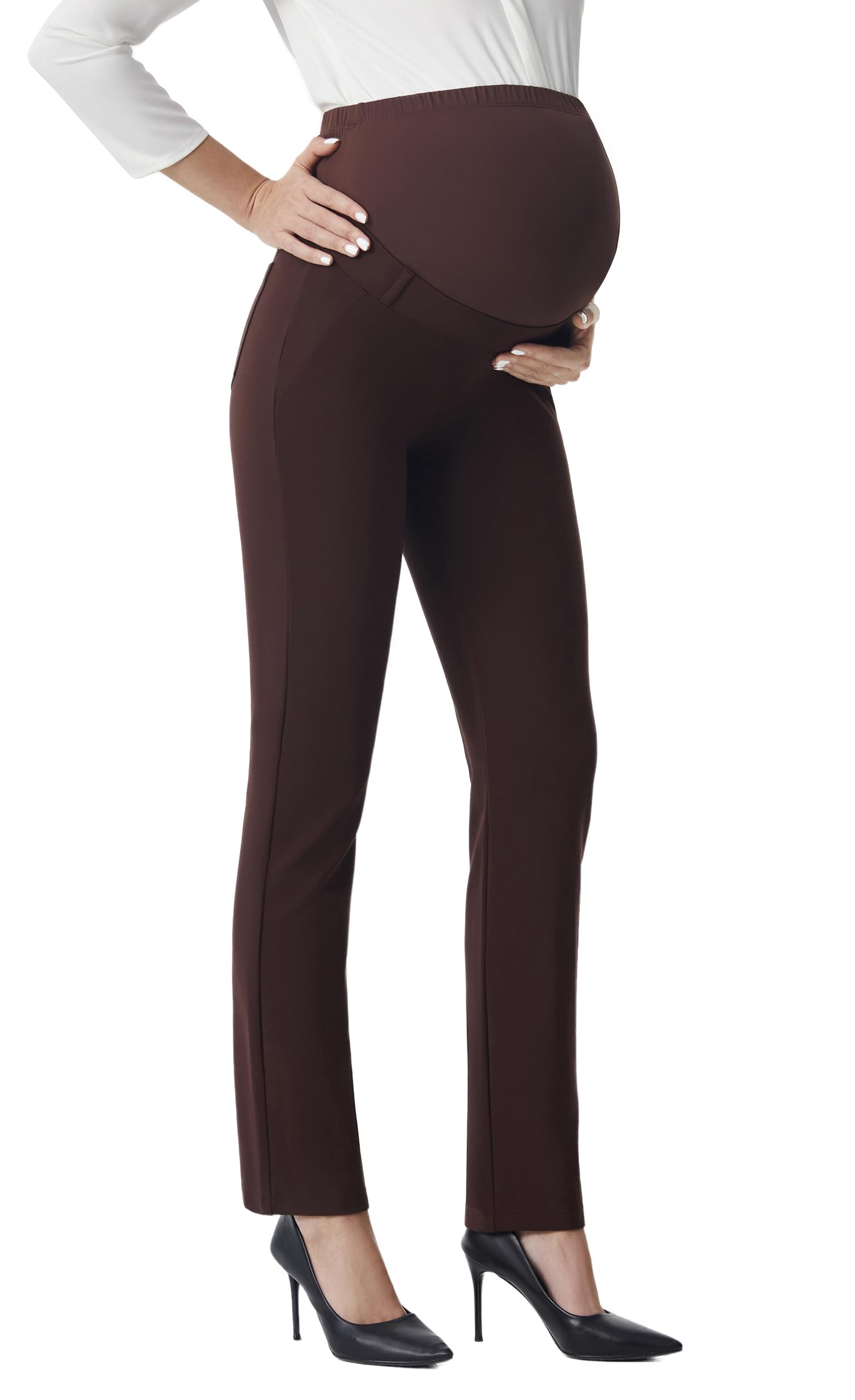 Photo 1 of AFITNE Women’s Maternity Pants Over The Belly Stretchy Maternity Yoga Dress Pants with Pockets Pregnancy Work Slacks 29" Brown M