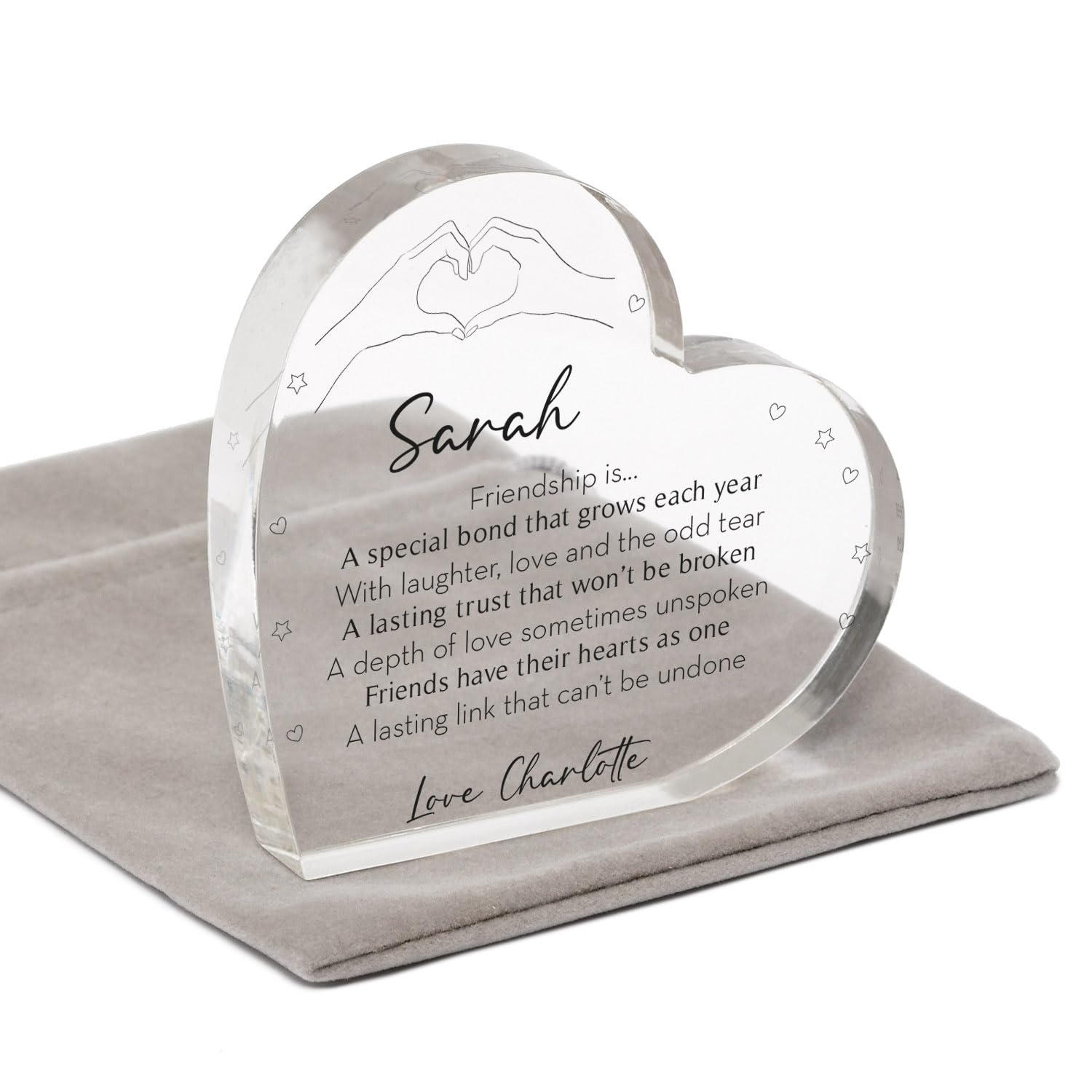 Beecreative Personalised Friend Definition Gift - Friendship Gifts For Her Women - Heart Shape Ornament Keepsake For Best Friends, BFF, Bestie - Hand Hearts Illustration - With Grey Bag