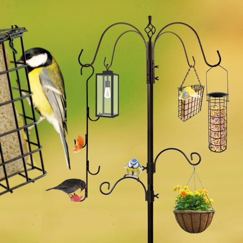 Estación de comedero para pájaros con jaula de sebo y cuenco de agua, gancho de frutas, poste ajustable, 6 ganchos para colgar para pájaros silvestres, kit de alimentación de pájaros de jardín al aire