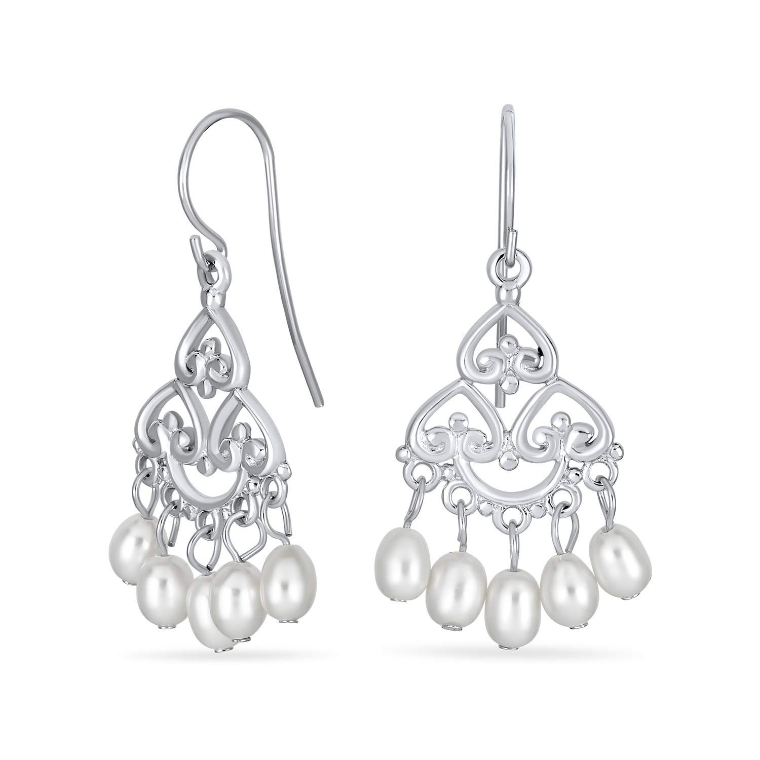 Bling JewelryBali Style White Freshwater Cultured Pearl Boho Filigree Dangle Chandelier Earrings For Women Teen .925 Sterling Silver
