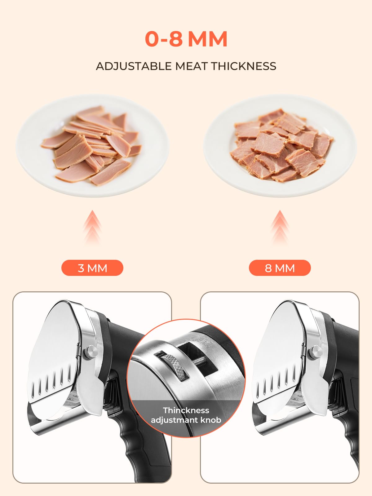 FOHERE Couteau à Kebab Electrique, Epaisseur de Coupe Réglable 0-8mm, 3800 RPM, Trancheuse à Viande Turc Shawarma Döner Kebab avec 2 Lames D100 mm, pour Restaurant, Snack-bar
