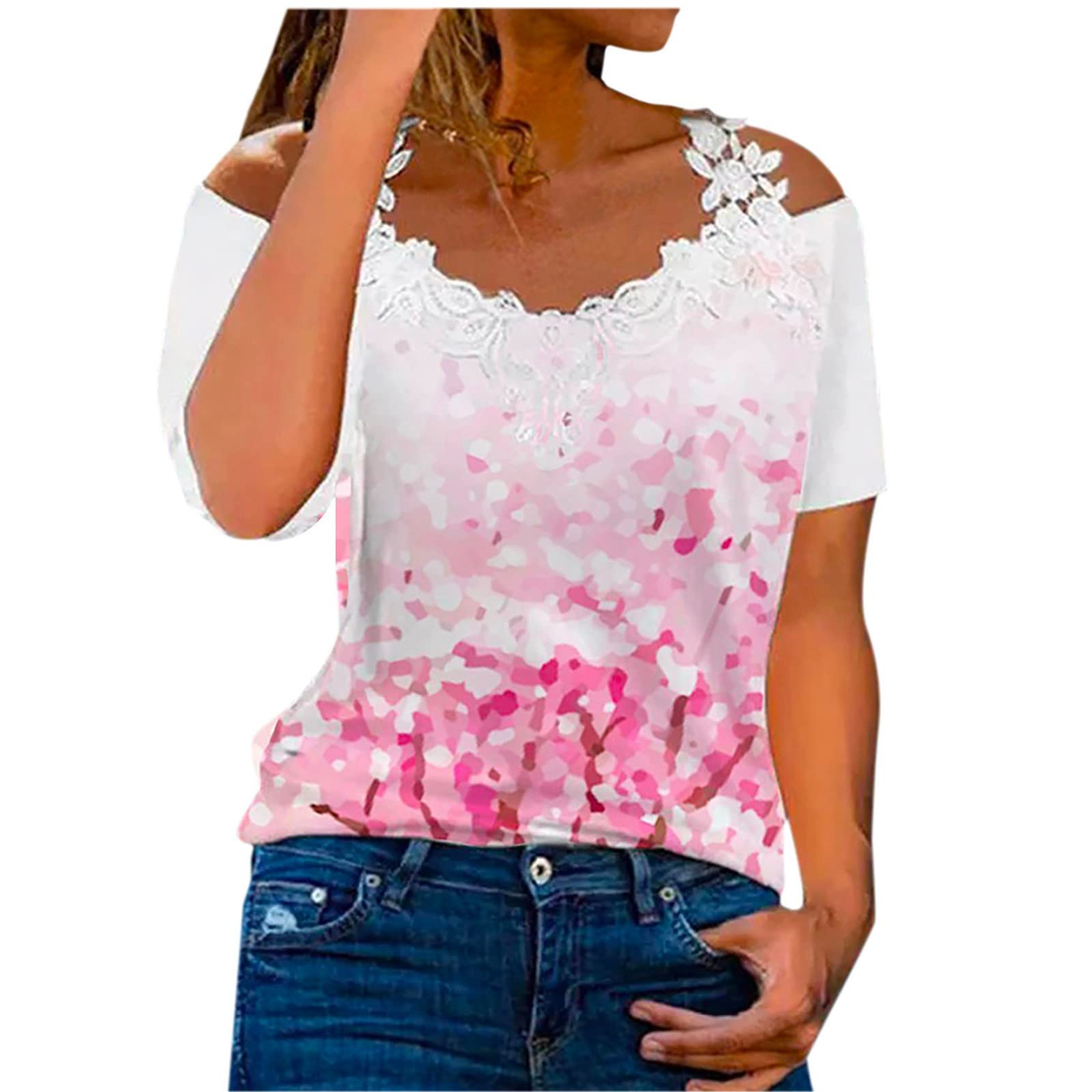 Women's Lace Tops Short Sleeve Shirts Cold Shoulder Tees Summer Spirng Flower Graphic Tunic T-Shirt Loose Fit