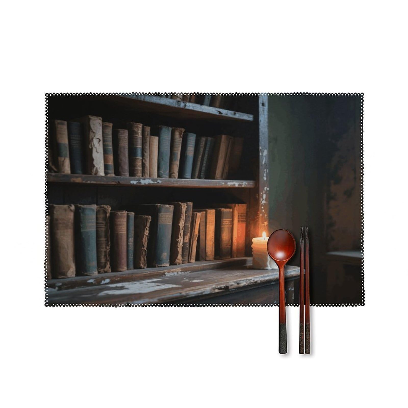 Old Bookshelf Candle Placemats Set of 4 Heat Resistant Non-Slip Place Mats for Dining Table Washable Placemat Wipeable Dining Table Mat Canvas Place Mats Dining Table Decor