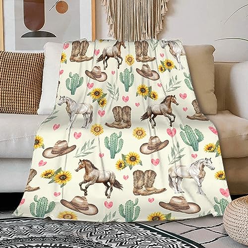 ZOCHOTEN Horse Blanket Horse Gifts for Girls Women Horse Lovers Horse Floral Throw Blanket for Couch Bed Outdoor Western Cowgirl Boots Hats Print Blanket 50